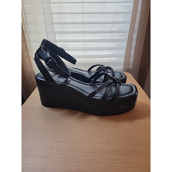 Vince Camuto Women Crinkle Leather Raffia Platform Wedge Sandals 9.5 M - BLACK - Picture 8 of 14